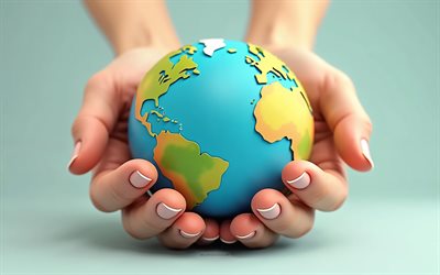 salva la terra, 4k, sfondo blu, earth globe nelle mani, mano di cartoni animati 3d 3d cartoon globe, concetti di ecologia, salva concetti della terra