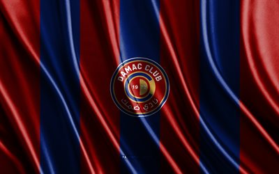 4k, Damac FC logo, Saudi Pro League, red blue silk texture, Damac FC flag, Saudi football club, soccer, silk flag, Damac FC emblem, Saudi Arabia, Damac FC badge, Damac FC