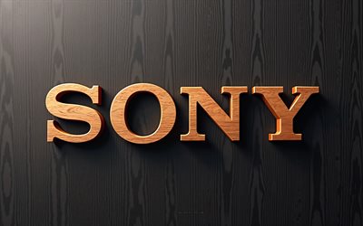 sony  logo, 4k, luova taide, sony 3d brown wooden logo, musta puinen takaosan, sony 3d  logo, sony, 3d sony  merkki