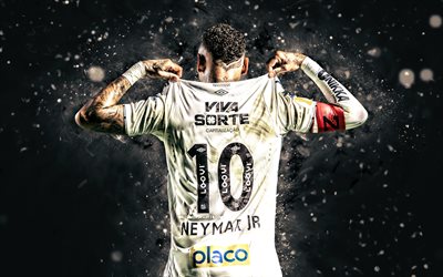 4k, neymar, vista posteriore, santos fc, luci al neon bianca, serie brasiliana a, calciatori brasiliani, neymar 4k, calcio, neymar jr, sfc, neymar santos fc