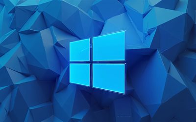 4k, Windows 10 3d logo, blue geometric background, Window 10 logo, Windows emblem, Windows 10, blue creative background, Windows