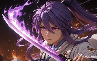 4k, カムイ・ガクポ, バイオレットファイアフレーム, 戦い, ボーカロイド, 着物, 剣, ボーカロイド文字, 漫画, バイオレットの目, カムイ・ガクポ・ボーカロイド