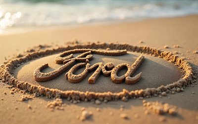 ford logo, 4k, sommer, ford  logo aus sand, strand, 3d  ford  logo, sand, ford emblem, ford