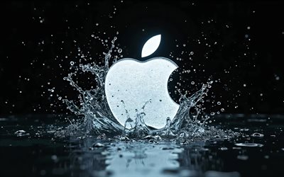 Apple glitter logo, 4k, water splashes, black backgrounds, brands, Apple 3D logo, Apple white logo, creative, Apple logo, fashion brands, Apple
