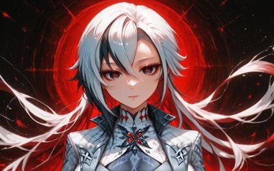 4k, arlecchino, luna rossa, impatto di genshin, notte, occhi rossi, personaggi anime, opera d'arte, personaggi di genshin impact, impatto di genshin di arlecchino