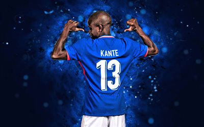 ngolo kante, 4k, backvy, blå neonljus, frankrikes nationella fotbollslag, franska fotbollsspelare, ngolo kante 4k, fotboll, landslag, ngolo kante france team, fff