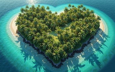 tropisk ö formad som hjärta med palmer, toppvy, öhjärta, romantisk sommarresor, tropiska öar, hav, ö i havet, 3d  ö