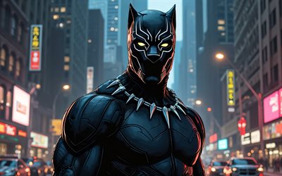 4k, panthère noire, paysage nocturne, gros plan, art 3d, comics marvel, black panther 4k, super héros, black panther 3d, fan art