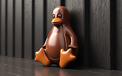 logo linux, 4k, art créatif, logo en bois brun linux 3d, backround en bois noir, logo linux 3d, linux, emblème linux 3d, pingouin linux 3d