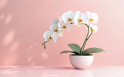 orchide 3d bianche, vaso con orchidee bianche, 3d art, orchidee, orchidee bianche, fiori tropicali, sfondo rosa con orchidee bianche, fiori bianchi