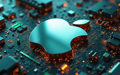 logo apple metal, 4k, microcircuit con chip, logo apple 3d, sfondo hi tech, logo apple, logo 3d apple, background tecnologico, mela, sfondo hi tech verde