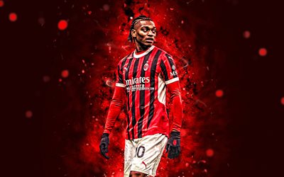4k, Rafael Leao, red abstract background, AC Milan, Serie A, portuguese footballers, Rafael Leao 4K, red neon lights, football, soccer, Rafa Leao, Milan FC, Rafael Leao Milan
