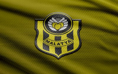 Yeni Malatyaspor fabric logo, 4k, yellow fabric background, 1 Lig, bokeh, soccer, Yeni Malatyaspor logo, football, Yeni Malatyaspor emblem, Yeni Malatyaspor, turkish football club, Yeni Malatyaspor FC