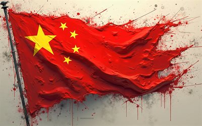 chinesische flagge, 4k, china  flagge auf dem fahnenmast, chinesische farbspritzflagge, grunge  kunst, flagge von china, china  flagge, grunge  hintergrund
