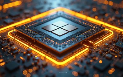 Windows 11 logo, 4k, chip on motherboard, yellow neon lights, Windows 11 3D logo, Windows 11 emblem, technology art, Windows logo, Windows, yellow hi-tech background