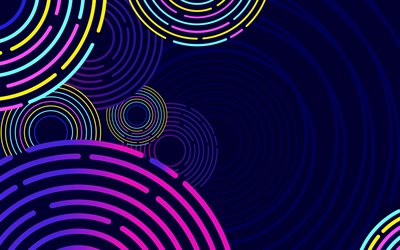 anillos coloridos, 4k, círculos coloridos, fondos azules, creativo, círculos anillos, obra de arte, patrones de círculos, geometría, formas geométricas, fondos abstractos