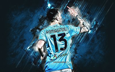 alessio romagnoli, calciatore italiano, ss lazio, sfondo di pietra blu, grunge art, serie a, italia, calcio, alessio romagnoli lazio