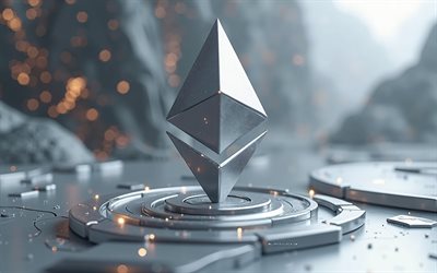 ethereum 3d işareti, 4k, gümüş teknoloji arka planı, ethereum işareti, ethereum logosu, kripto para birimi, ethereum 3d logosu, yüksek teknoloji ürünü gümüş arka plan, eti