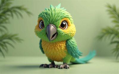 4k, netter 3d green green  ara, cartoon 3d great greenasar, süße vögel, tolles grüner aras, 3d  tiere, cartoon 3d vögel, lustiger grüner aras, kleiner grüner aras, orangefarbener hintergrund