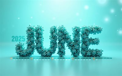 4k, calendario 2025 de junio, cartas florales turquesas, junio ​​de 2025, calendarios de verano, calendario de junio de 2025, flores 3d turquesas, cartas 3d turquesas, 2025 conceptos, calendarios de junio, 2025 calendarios, junio