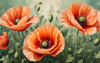 abstrakta vallmo, 4k, konstverk, abstrakta blommor, sommar, vallmor, bakgrund med vallmo, sommarblommor, röda blommor