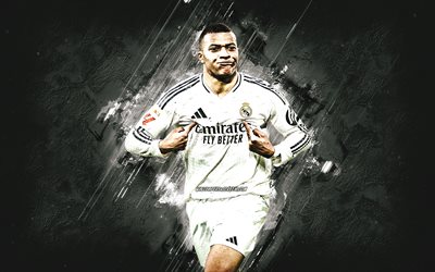 Kylian Mbappe, white stone background, Real Madrid, French footballer, world football star, Kylian Mbappe goal celebration, La Liga, Spain, football, Kylian Mbappe Real Madrid
