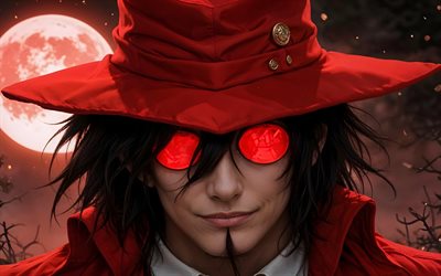 alucard, 4k, 현실적인 예술, 지옥, 밤, 드라큘라 백작, 빨간 달, 만화, 도라 쿠라, 지옥의 만화, alucard art, 지옥의 캐릭터, alucard 캐릭터, alucard hellsing