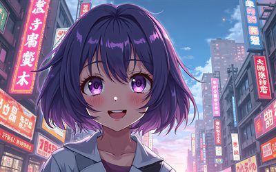 4k, Yuzuki Yukari, nightscape, Vocaloid, street, protagonist, girl with purple hair, manga, Vocaloid characters, japanese virtual singers, Yuzuki Yukari Vocaloid