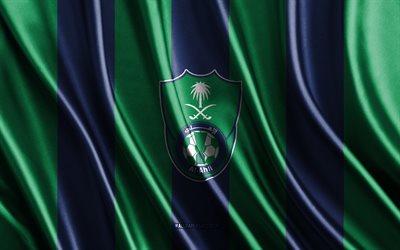 4k, Al-Ahli logo, Saudi Pro League, green blue silk texture, Al-Ahli flag, Saudi football club, soccer, silk flag, Al-Ahli emblem, Saudi Arabia, Al-Ahli badge, Al-Ahli, Al-Ahli Saudi FC