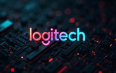 logitech buntes neon  logo, 4k, schwarzer hi tech hintergrund, mikrocircuits, leiter, elektronikmarken, kreativ, logitech  logo auf mikrocircuit, marken, logitech abstract logo, kunstwerk, logitech logo, logitech