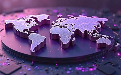 carte du monde 3d violet, carte du monde en métal 3d, 4k, contexte de la carte du monde, carte du monde violet, art 3d, concepts de la carte du monde, carte du monde