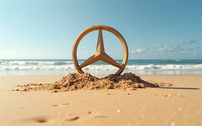 Mercedes-Benz logo, 4k, summer, Mercedes-Benz logo made of sand, beach, 3d Mercedes-Benz logo, sand, Mercedes-Benz emblem, Mercedes-Benz