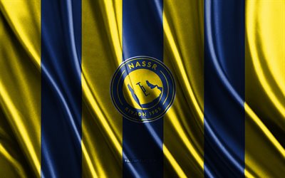 4k, Al Nassr FC logo, Saudi Pro League, yellow blue silk texture, Al Nassr FC flag, Saudi football club, soccer, silk flag, Al Nassr FC emblem, Saudi Arabia, Al Nassr FC badge, Al Nassr FC, Al-Nassr Football Club, Al-Nassr