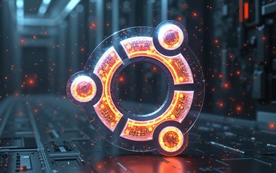 ubuntuロゴ, 4k, 青いハイテク背景, ubuntu orange neon logo, オレンジ色のネオンライト, x線, ubuntuエンブレム, ubuntu 3dロゴ, ubuntu, orange ubuntuロゴ, linux