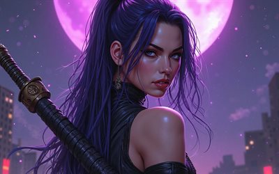 4k, psylocke, nacht, superhelden, marvel  comics, elizabeth braddock, lila mond, schwert, kunstwerk, betsy braddock, psylocke 4k