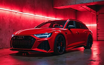 レッドアウディrs6アバン, 4k, ガレージ, チューニング, スーパーカー, 3dアート, ドイツの車, ヘッドライト, アウディrs6アバン, 赤いネオンライト, アウディrs6アバンアート, アウディ