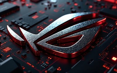 4k, logo rog, république des joueurs, asus rog, rog creative steel logo, contexte technologique, microcircuit avec des puces, logo rog 3d, rog emblem, art 3d, logo de la république des joueurs