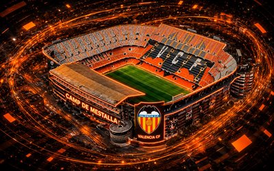 Mestalla Stadium, 4k, aerial view, Estadio Mestalla, Valencia CF Stadium, Mestalla, orange light lines, creative art, Valencia CF logo, Valencia CF, Valencia, Spain