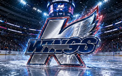4k, Kalamazoo Wings metal logo, spotlights, ice arena, ECHL, creative, hockey, Kalamazoo Wings logo, hockey stadium, Kalamazoo Wings 3D logo, american hockey team, Kalamazoo Wings