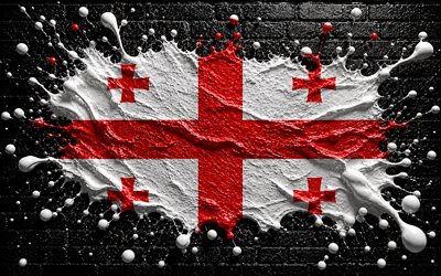 4k, علم جورجيا, مبدع, جورجيا ترسم العلم, جدار من الطوب الأسود, فن الطلاء, العلم الجورجي, بقع الطلاء, عمل فني, الرموز الوطنية الجورجية, علم جورجيا ثلاثي الأبعاد, جورجيا