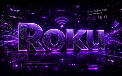 Roku 3D logo, 4k, violet futuristic background, violet neon rays, Internet television brands, Roku futuristic logo, Roku hi-tech logo, brands, Acer logo, Roku