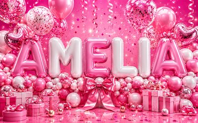 amélia feliz aniversário, 4k, fundo rosa, nome amélia, caixas de presente rosa, aniversário da amélia, balões 3d, nomes femininos americanos populares, balões brancos rosa, feliz aniversário amélia, foto com o nome amélia, amélia
