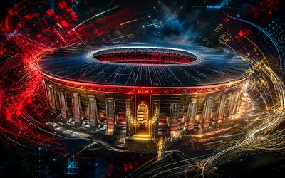 estadio puskás, 4k, vista aérea, arte creativo, budapest, hungría, líneas de luz roja, estadio de futbol, arte puskás arena