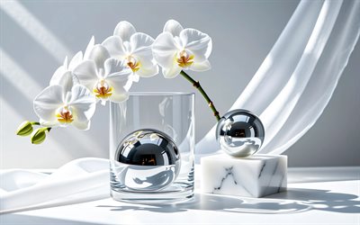 orchidee bianche in un vaso, 4k, sfere cromate lucide, ramo di orchidea, fiori tropicali, orchidee, orchidee bianche, sfere in metallo cromato