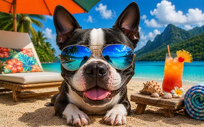 terrier de boston, 4k, verano, playa tropical, accesorios de playa, mar, tumbona, gafas de sol, boston terrier en la playa, perros, cóctel, animales lindos, playa, mascotas, perro con gafas de sol, perro boston terrier