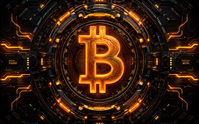Bitcoin 3D logo, 4k, dark hi-tech background, golden neon lights, conductors, microcircuit, cryptocurrencies, brands, Bitcoin futuristic logo, blockchain, Bitcoin logo, Bitcoin