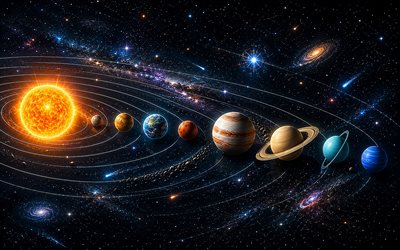 4k, كواكب النظام الشمسي, النجوم, مدارات, فن ثلاثي الأبعاد, علم الفلك, الكون, شمس, الزئبق, فينوس, أرض, المريخ, كوكب المشتري, زحل, أورانوس, نبتون, النظام الشمسي, الكواكب, نظام كوكبي, galaxy, مفاهيم النظام الشمسي