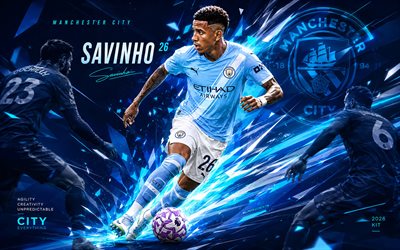 4k, savinho, manchester city fc, vektori taidetta, sininen abstrakti vektori tausta, savinho manchester city fc, luovaa taidetta, manchester city fc  logo, savinho arsenal, jalkapallo, manchester city, savio moreira de oliveira