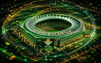 Estadio La Cartuja, Real Betis Stadium, 4k, green light lines, Estadio Olímpico de Sevilla, Real Betis, creative art, Seville, Spain, Estadio La Cartuja art