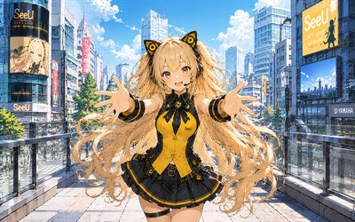 seni gör, 4k, gün ışığı, vokaloid, şehir manzarası, sarı saçlı kız, kahraman, manga, vokaloid karakterler, japon sanal şarkıcılar, seeu vocaloid